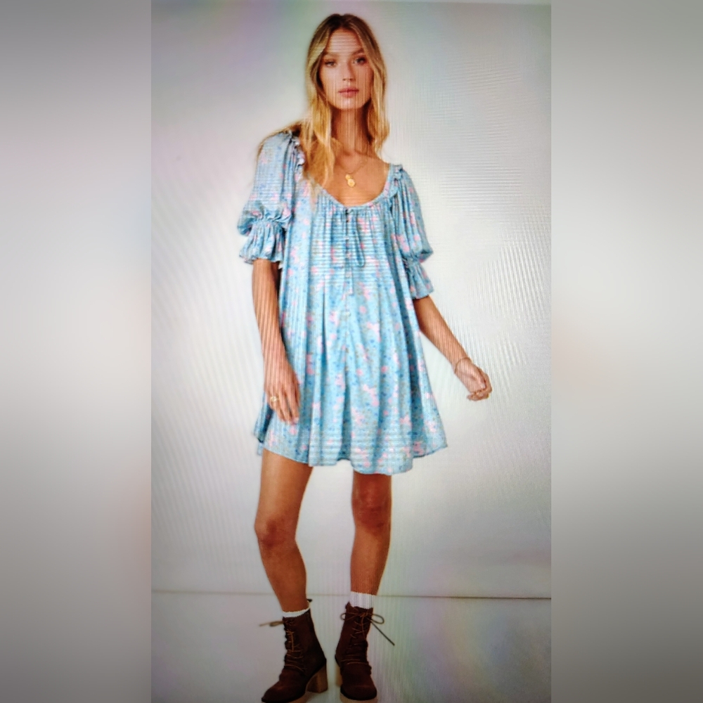 SPELL & THE GYPSY NWT DOLLY MINI DRESS - DUSTY BLUE PUFFSLEEVE COTTAGECORE Sz XS
